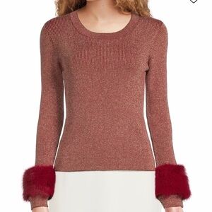 Saks Fifth Avenue Metallic Brown Sweater with Red Fur Cuffs